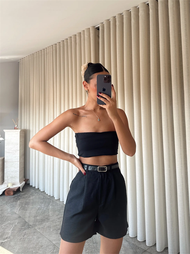 Keten Tek Pile Kemerli Şort - Siyah