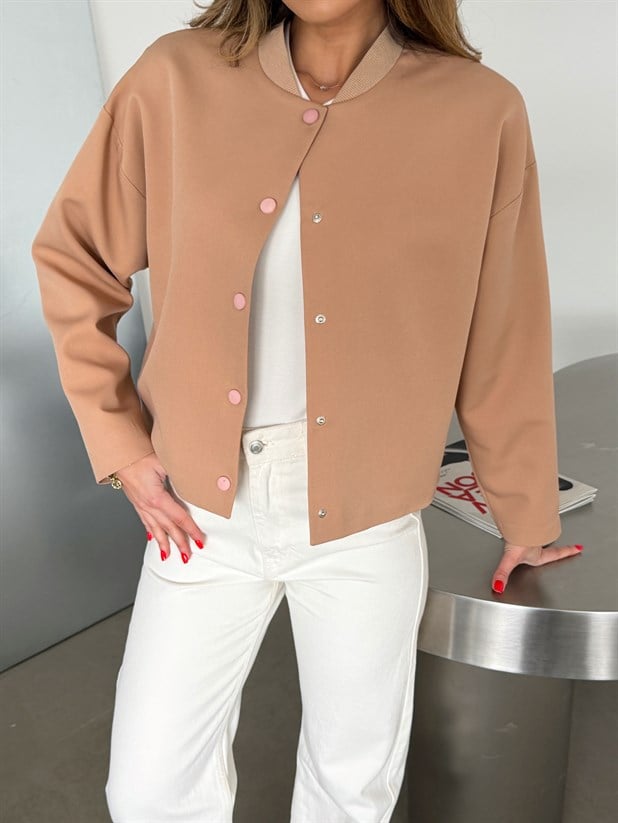 Yaka Ribana Cıt Cıt Detay Ceket Vizon - Vizon