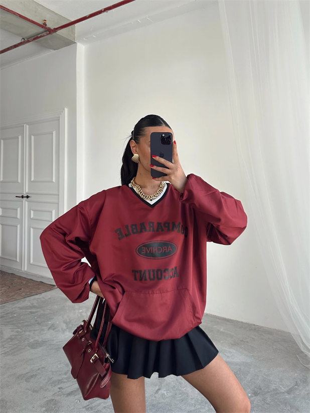 Önü Baskılı Şerit Detay Sweat - Bordo