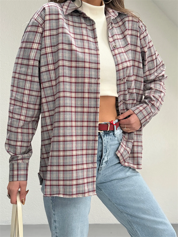 Kareli Oversize Gömlek - Gri