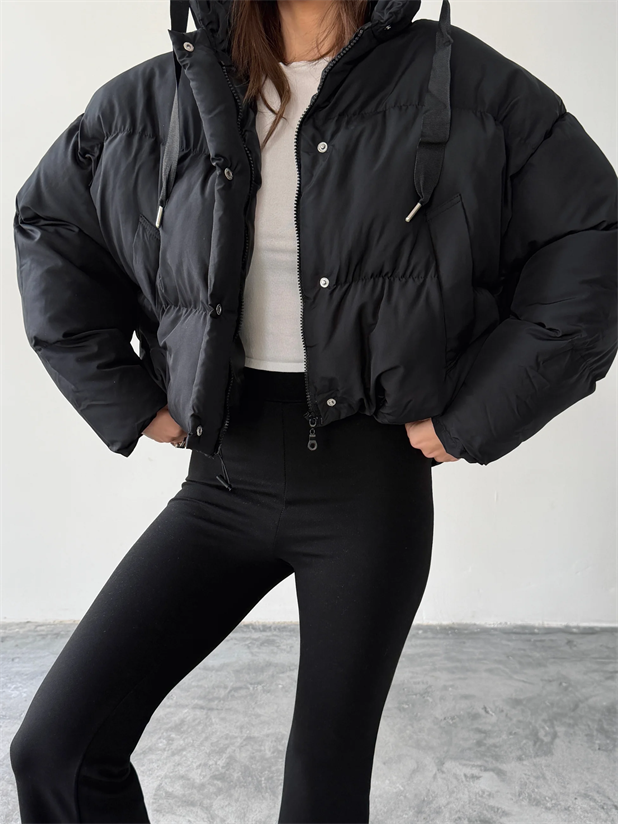 Oversize Kapüşonlu Şişme Mont - Siyah