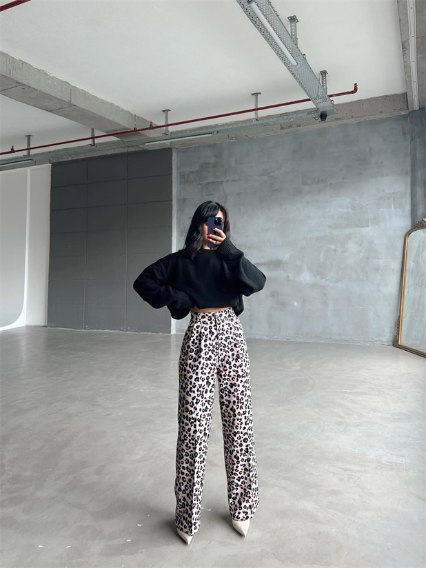 Animal Desen Palazzo Pantolon - Leopar