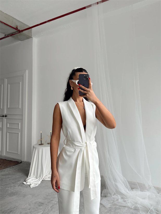 Bağlamalı Blazer Yelek  - Beyaz