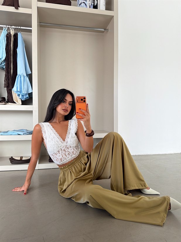 Bol Paça Saten Pantolon - Yağ Yeşili