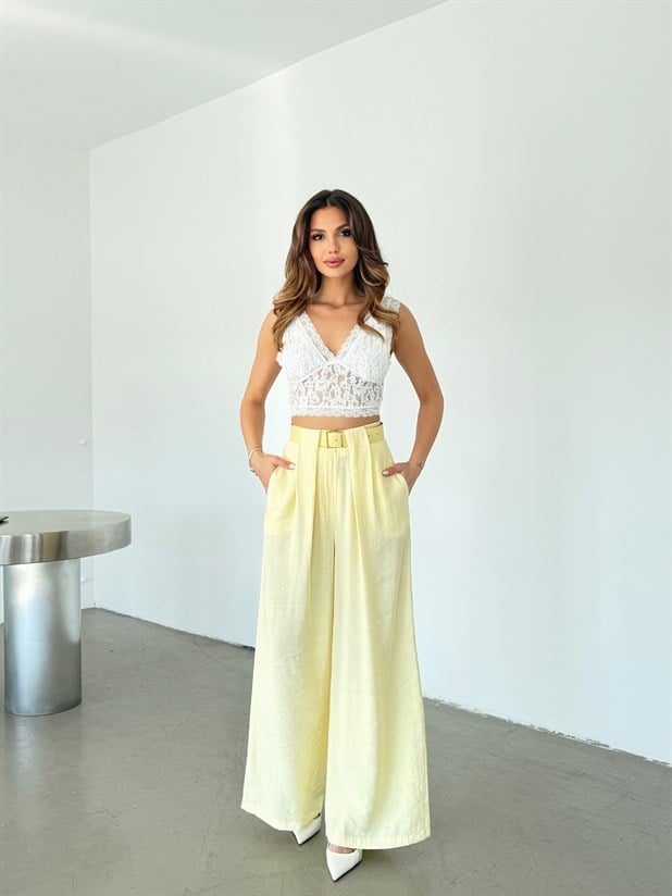 Geniş Kemerli Modal Pantolon - Sarı