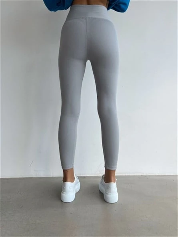 Yüksek Bel Kuşgözü Detay Fitilli Tayt Gri - Gri