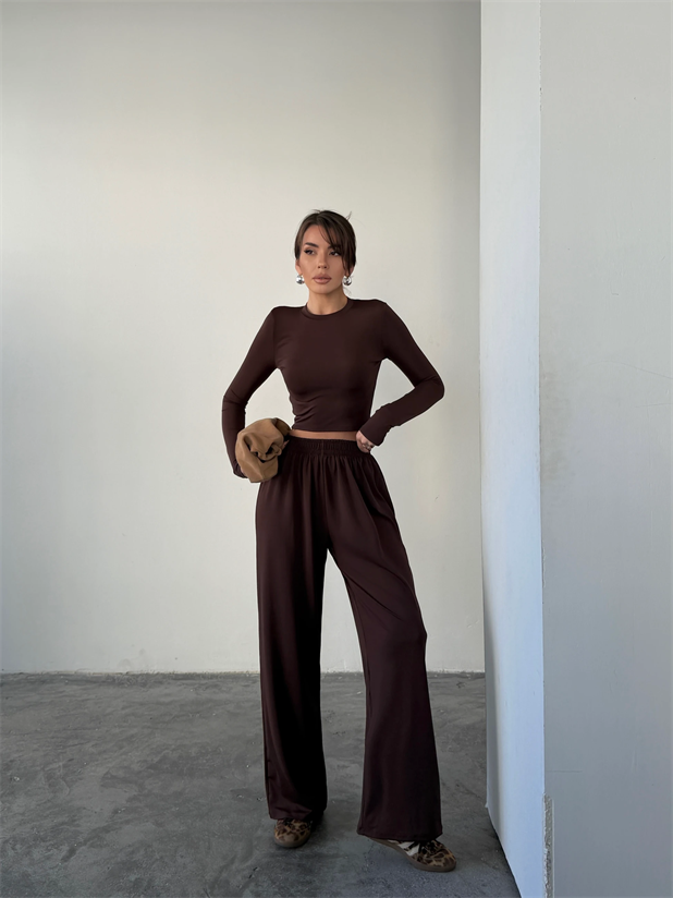 Uzun Kol Bisiklet Yaka Takım  - Kahve