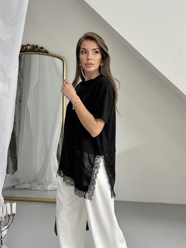 Altı Saten Dantel Basic - Siyah