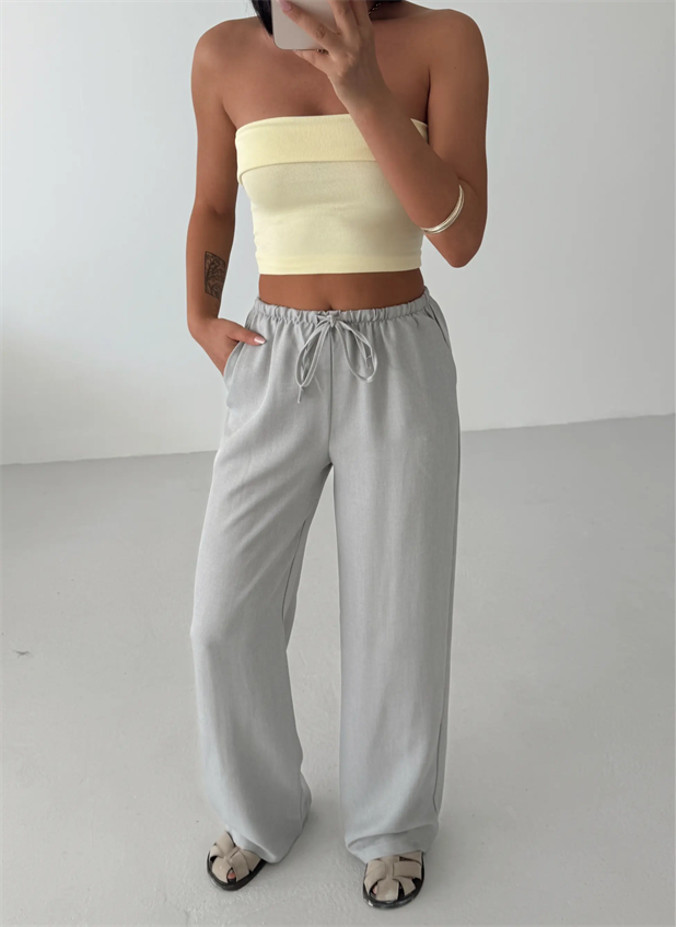 Beli İnce Lastikli Keten Palazzo - Gri