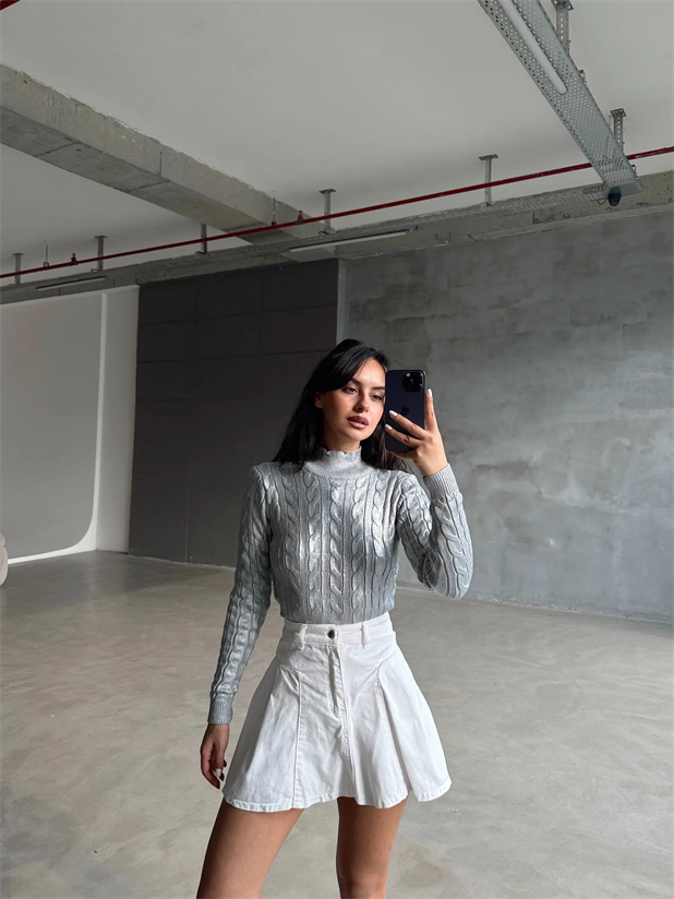 Shine Varaklı Triko Kazak Metalik Gümüş - Gümüş