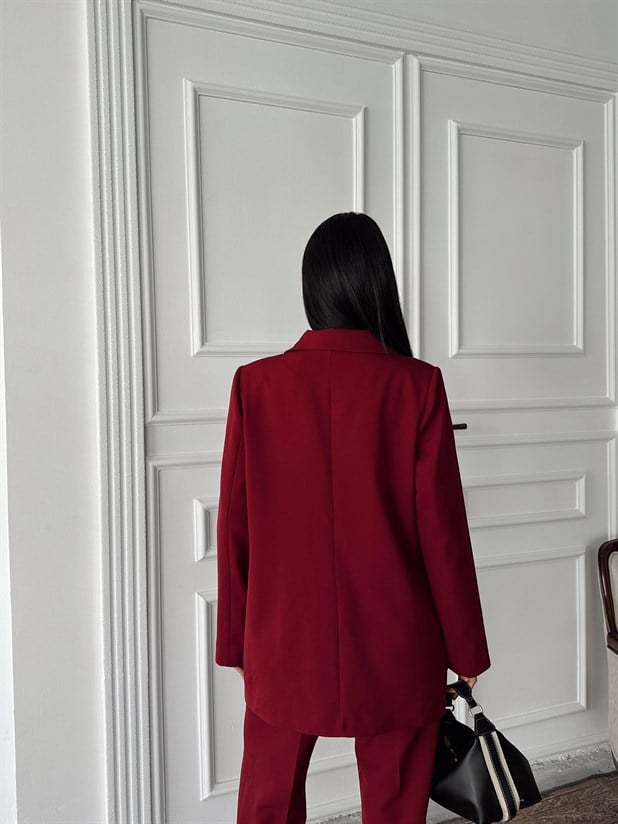 Çift Düğme Oversize Blazer  - Bordo