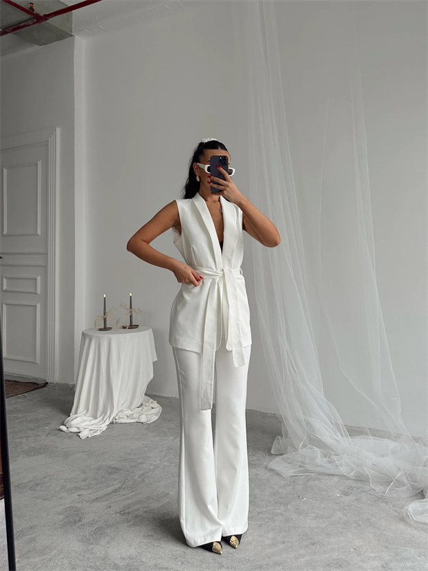 Bağlamalı Blazer Yelek  - Beyaz