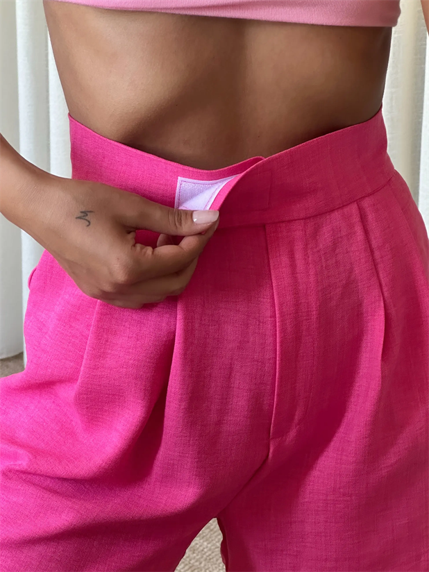 Cırtlı Keten Şort - Fuşya