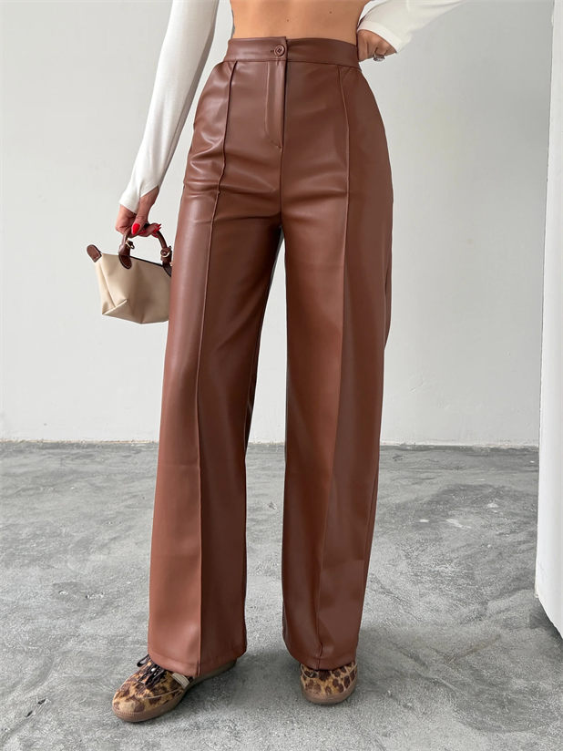 Çımalı Deri Palazzo Pantolon  - Taba