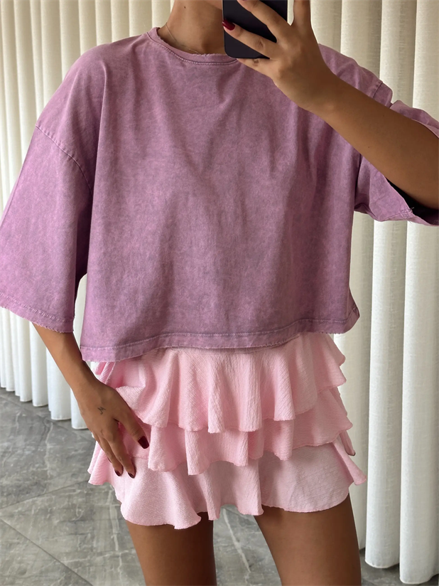 Yıkamalı Düz Crop Basic - Lila