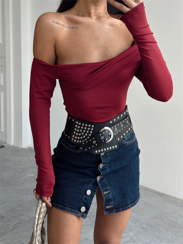 Yaka Katlama Bluz  - Bordo
