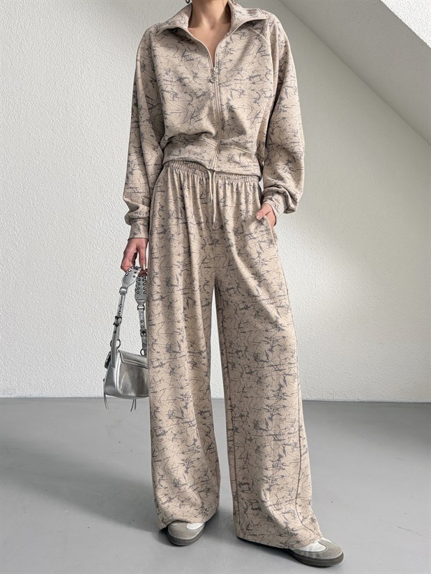 Fermuarlı Palazzo Takım - Vizon