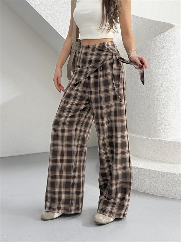 Bel Fular Detay Ekose Pantolon - Kahve