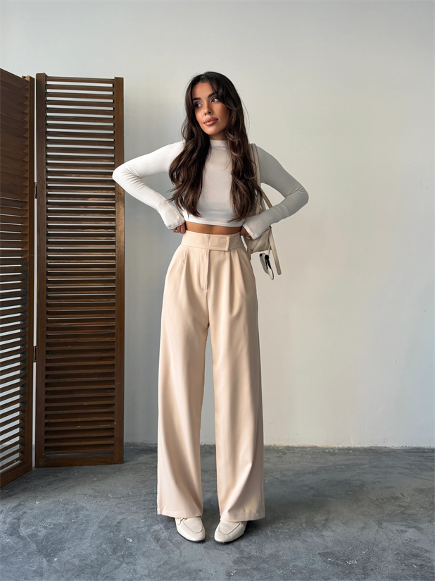 Bel Cırtlı Palazzo Pantolon  - Taş