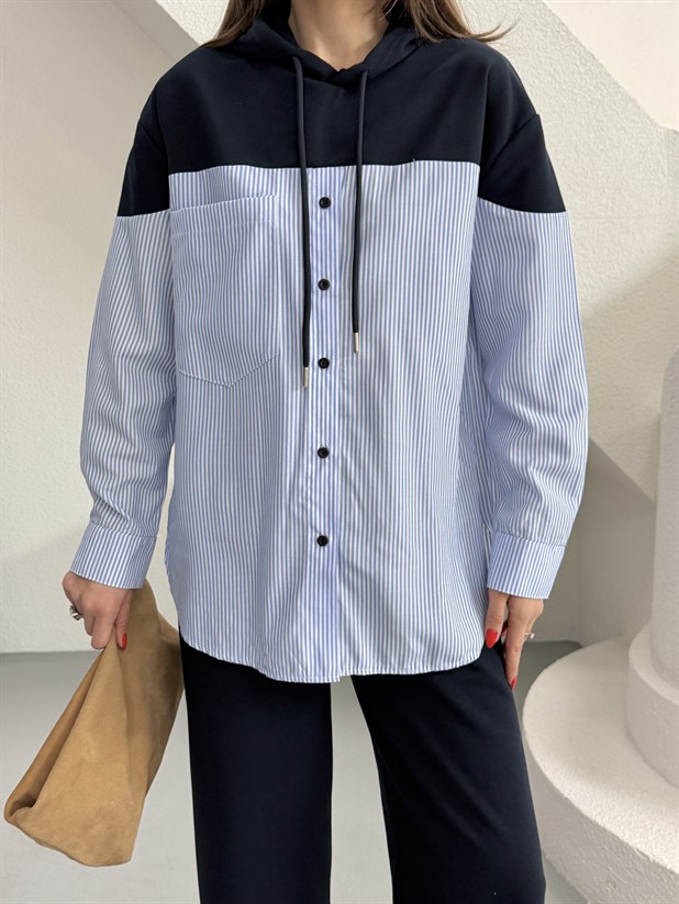 Kapüşonlu Gömlek Pantolon Takım - Lacivert