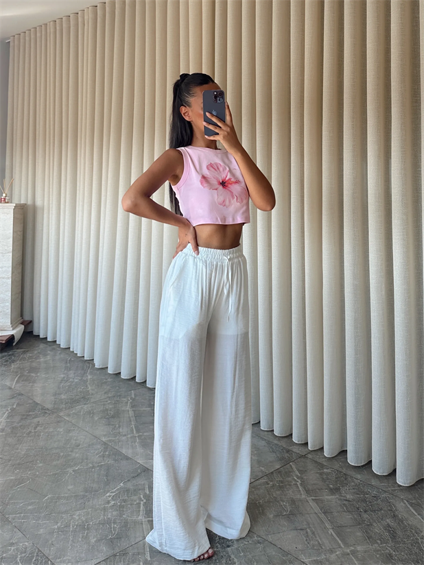 Astarlı Bol Paça Pantolon - Beyaz