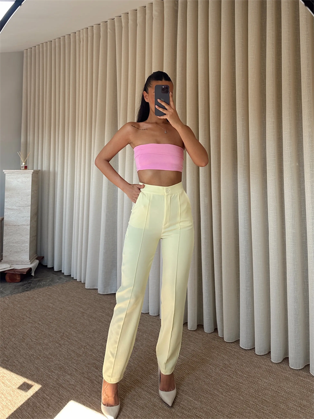 Beli Lastikli Çımalı Pantolon  - Sarı