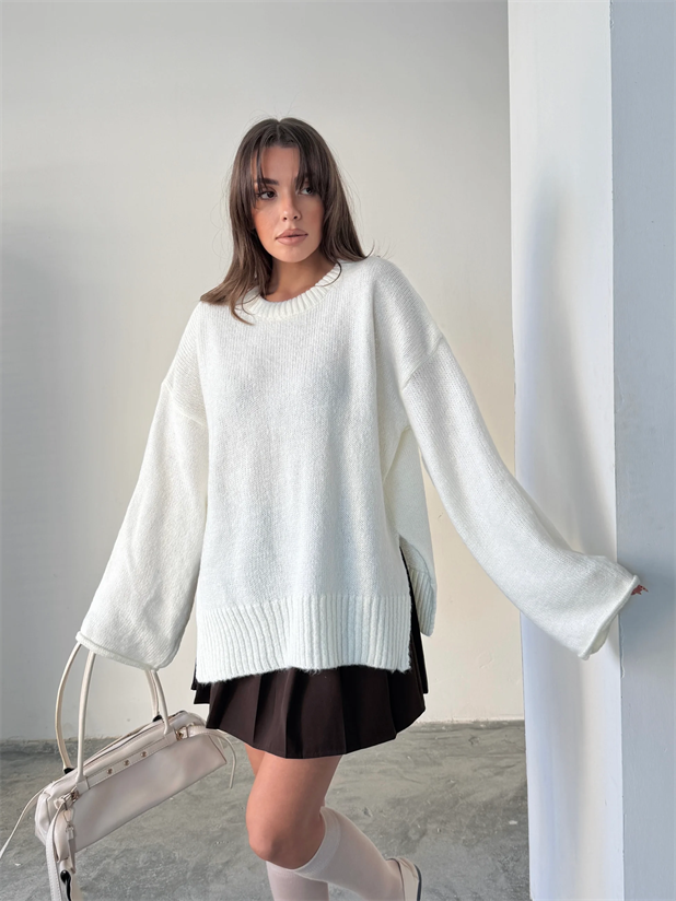 Yırtmaçlı Basic Triko  - Ekru