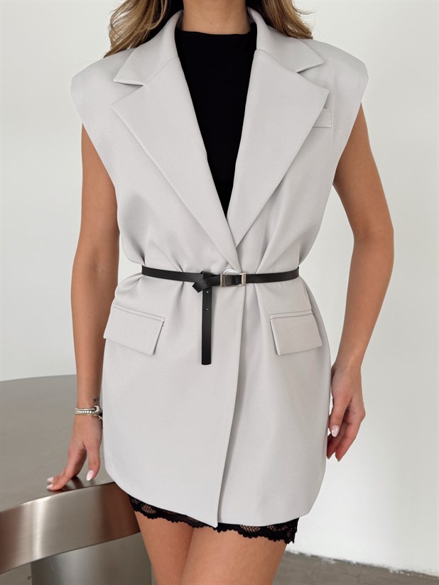 Deri Kemerli Yelek - Gri