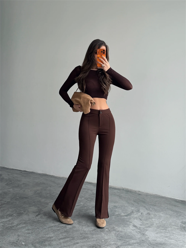 Çimalı Yırtmaç Pantolon  - Kahve