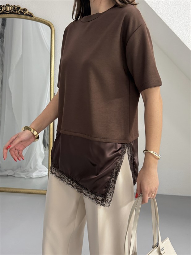 Altı Saten Dantel Basic - Kahve