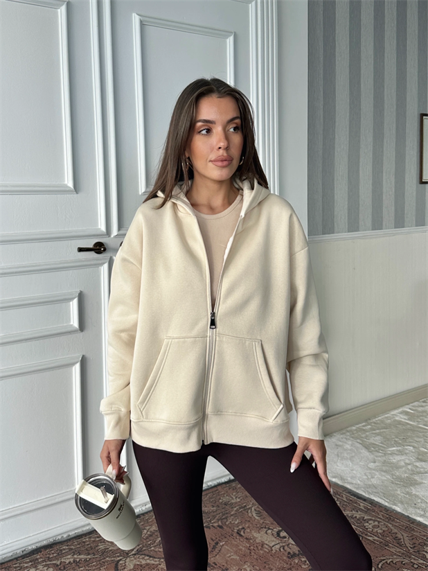 Fermuarlı Cepli Sweat - Taş