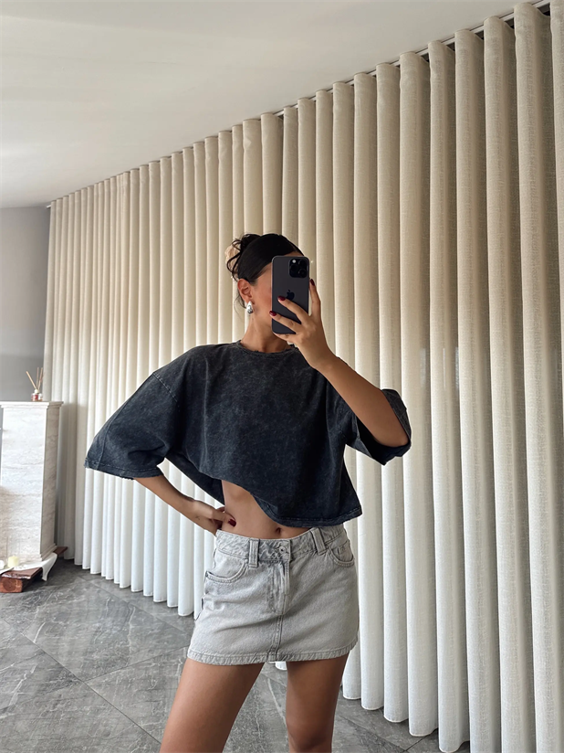 Yıkamalı Düz Crop Basic - Füme