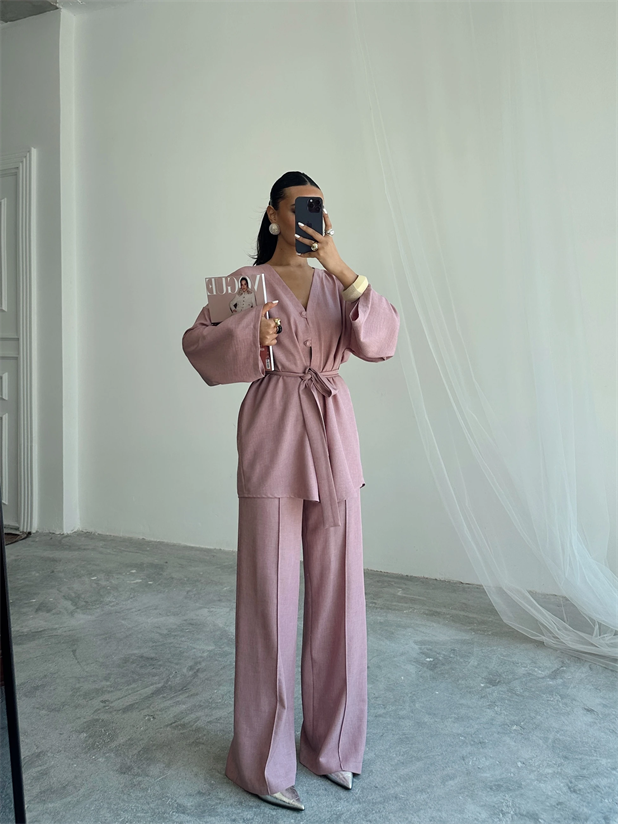 Düğme Detay Kuşaklı Kimono Takım - Pudra Pembe