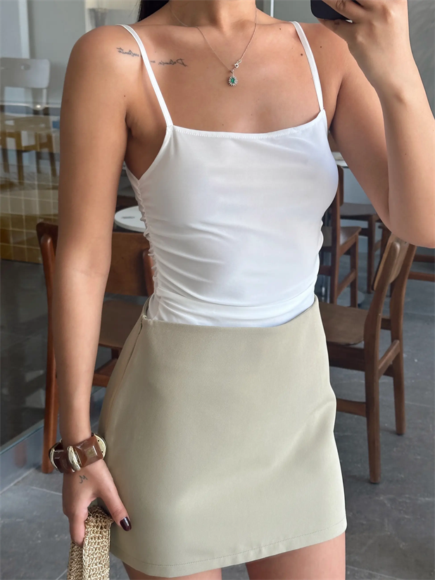 Yan Büzgülü Bodysuit Beyaz - Beyaz