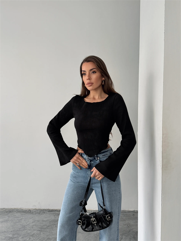 İspanyol Kol Akordiyon Bluz - Siyah