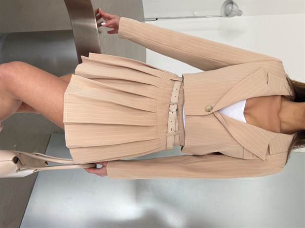 Çizgili Crop Ceket - Bej