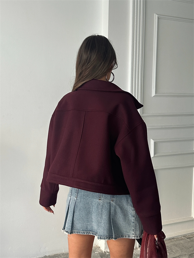 Kaşe Crop Mont - Mürdüm