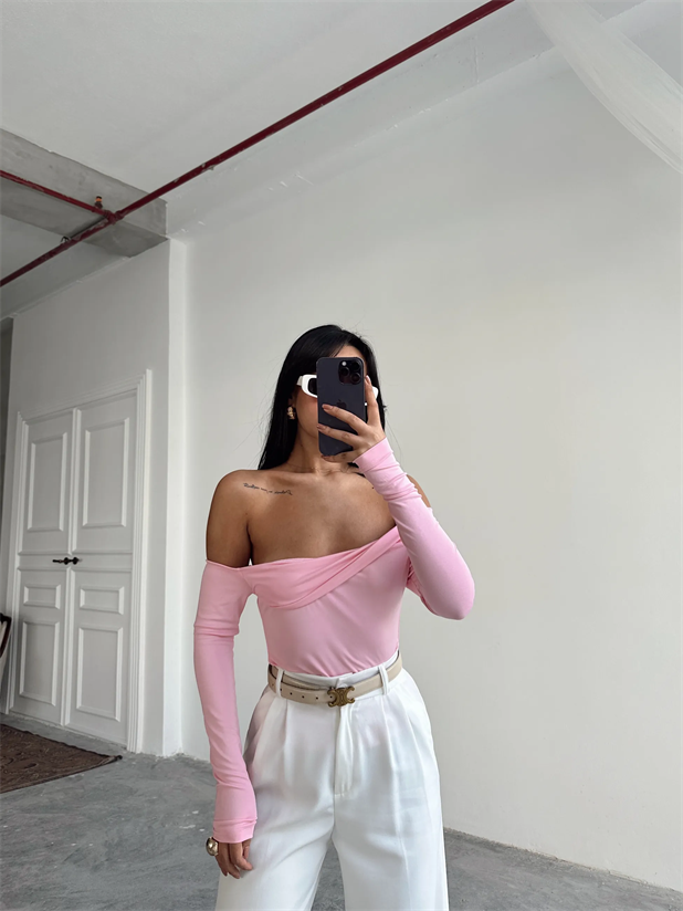 Yaka Katlama Bluz  - Pembe