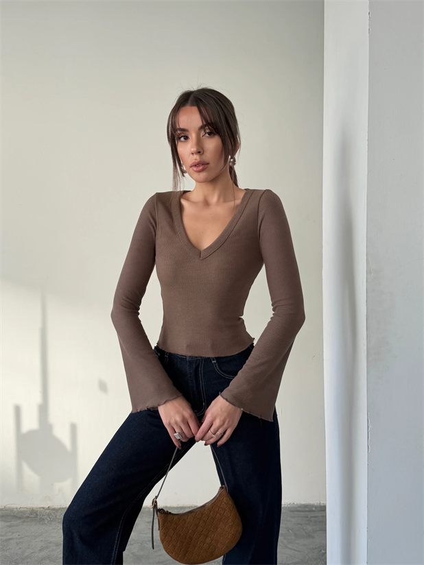 V Yaka İspanyol Kol Bluz - Kahve