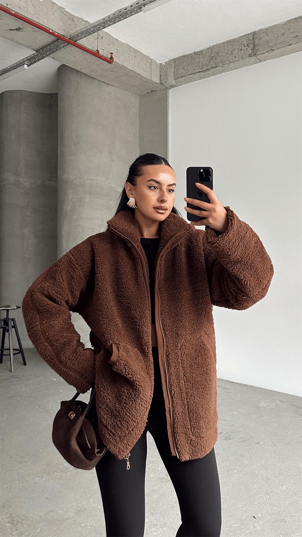 İç Astarlı Oversize Peluş Mont  - Kahverengi
