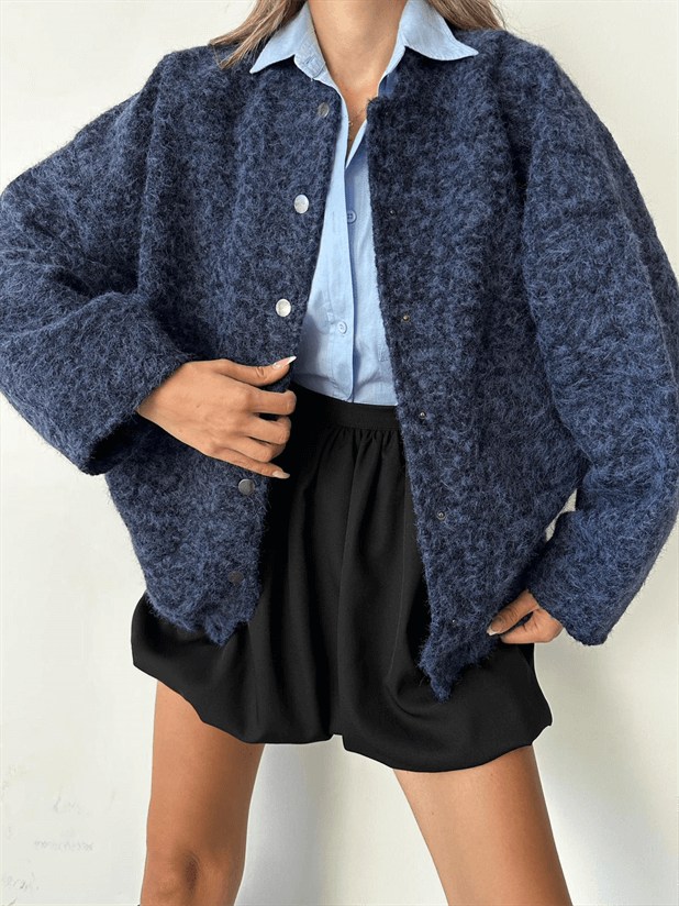 Kırçıllı Kaşe Mont - Lacivert