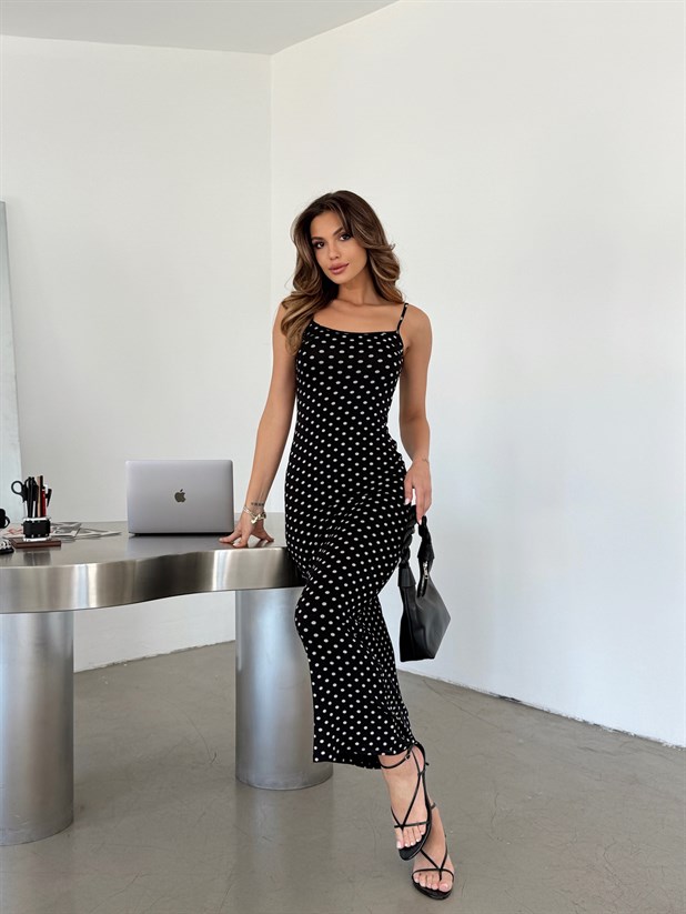 Askılı Puantiye Elbise - Siyah