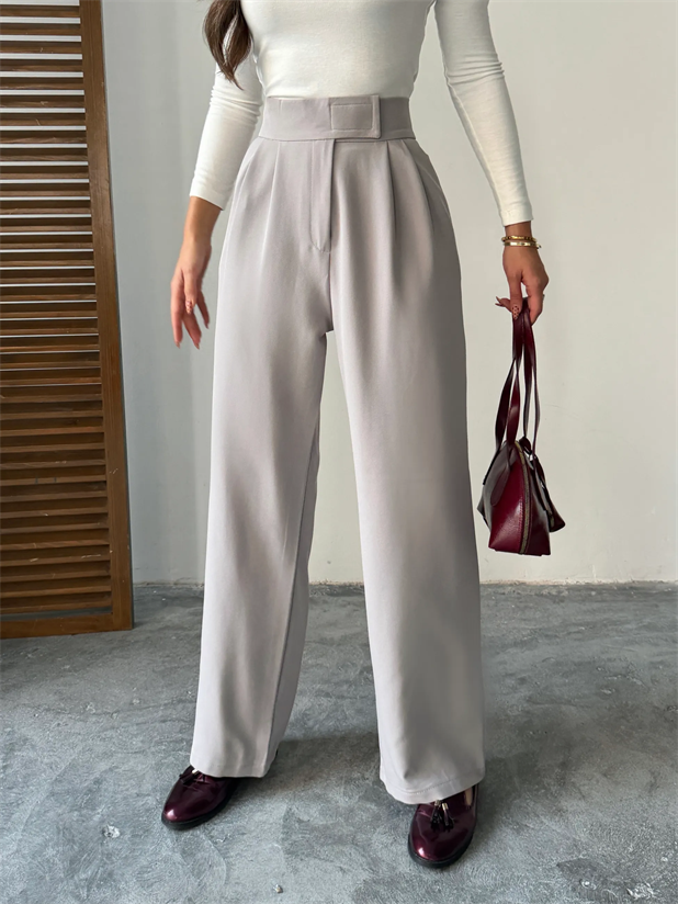 Bel Cırtlı Palazzo Pantolon  - Gri
