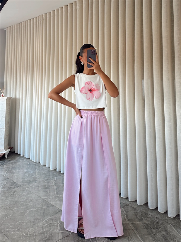 İçi Şortlu Derin Yırtmaç Maxi Etek - Pembe