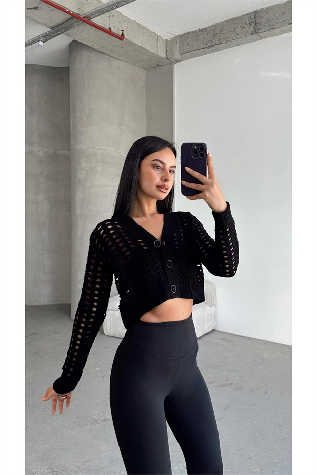 Delik Detaylı Crop Hırka Siyah - Siyah