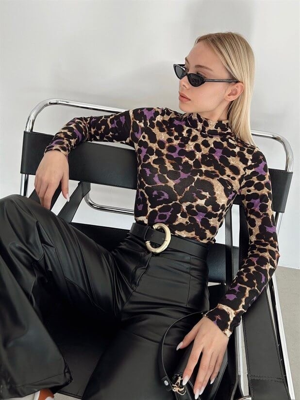 Desenli Balıkçı Bluz - Mor Leopar