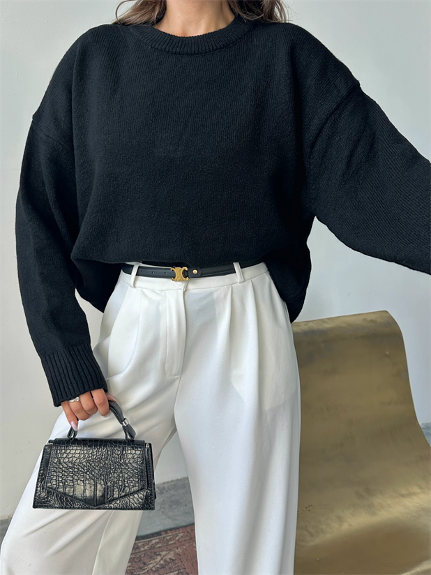 Yıkamalı Şardonlu Triko Kazak - Siyah