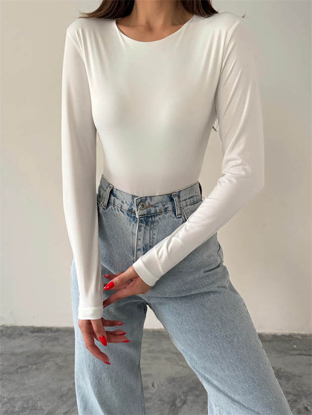 Bisiklet Yaka Bodysuit - Beyaz