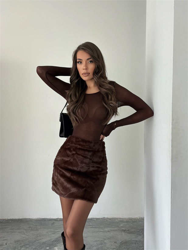 Peluş Mini Etek - Kahve