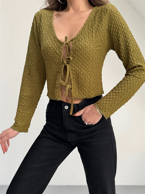 Önü Bağlamalı Bluz - Yağ Yeşili